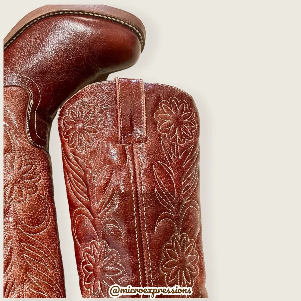 RARE 1960s Frye Vintage Embroider Brown Campus Western Cowboy Floral Stitch Boot